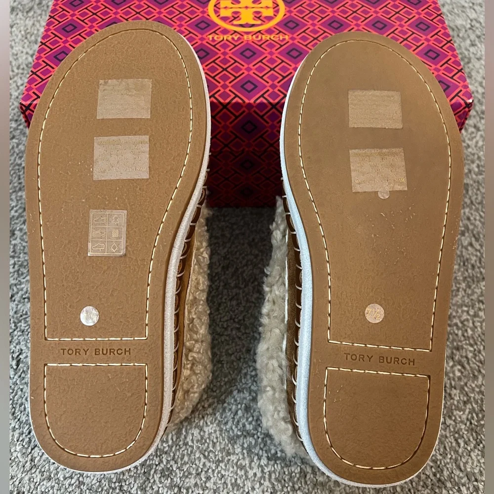 Tory Burch Suede Shearling Logo Loafer Slippers - Picture 4 of 7
